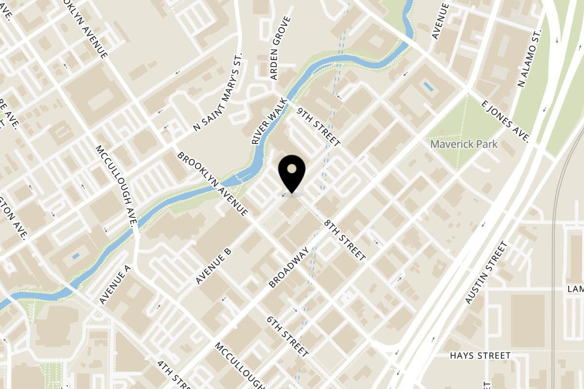 Map showing the location of Bowls N Go 8th St. on 203 8th St in San Antonio